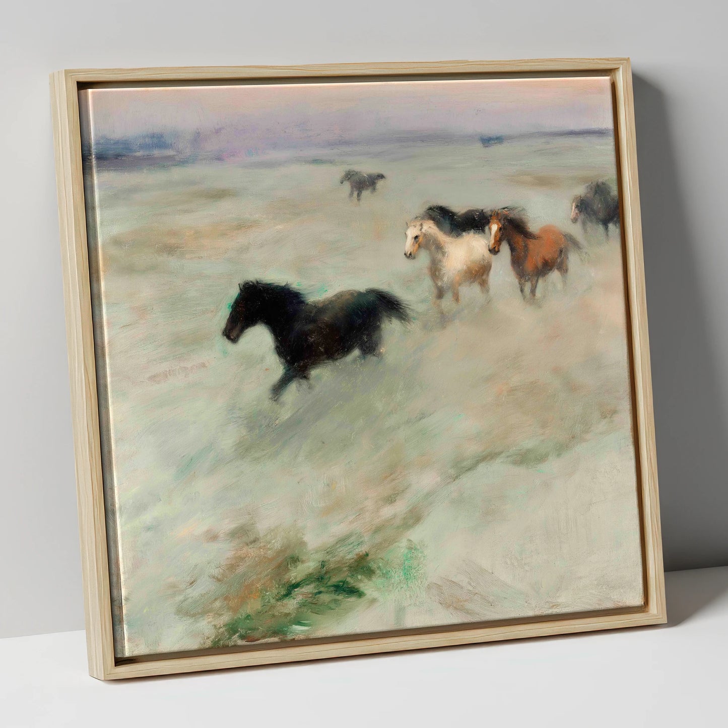 Through The Morning Mist wild horses canvas wall art in natural frame