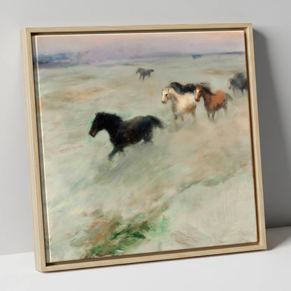 Through The Morning Mist wild horses canvas wall art in natural frame