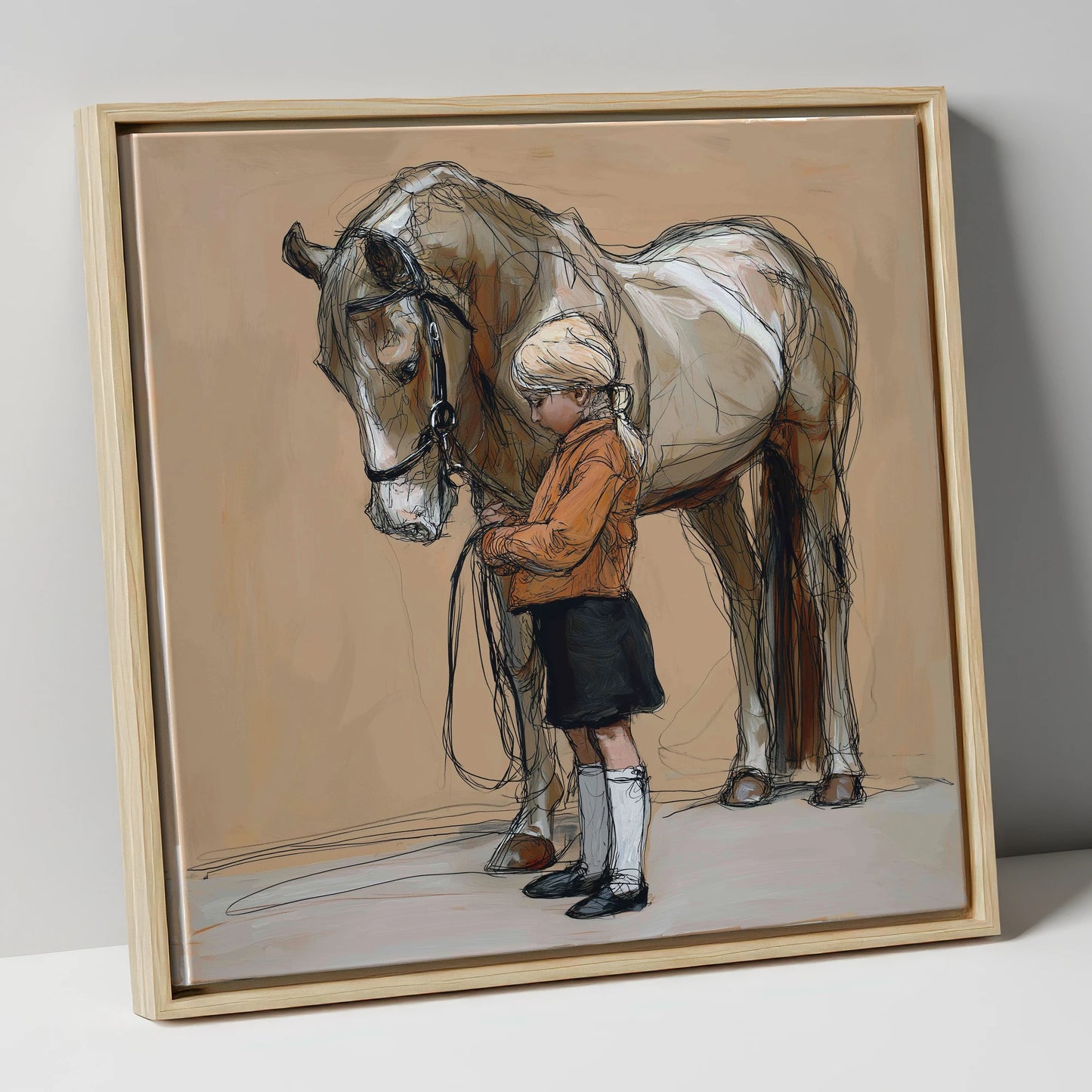 Gentle Companionship horse & rider canvas wall art in natural frame