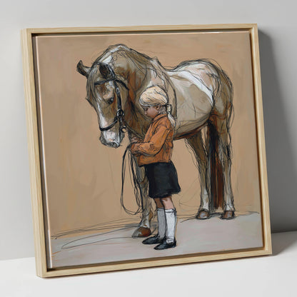 Gentle Companionship horse & rider canvas wall art in natural frame