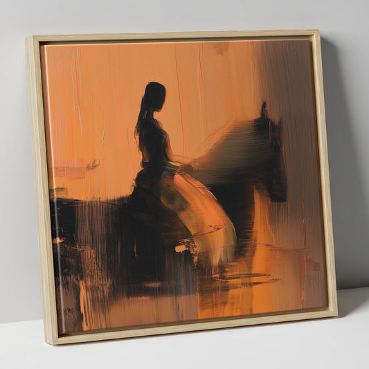 Elegance in Amber horse & rider canvas wall art in natural frame