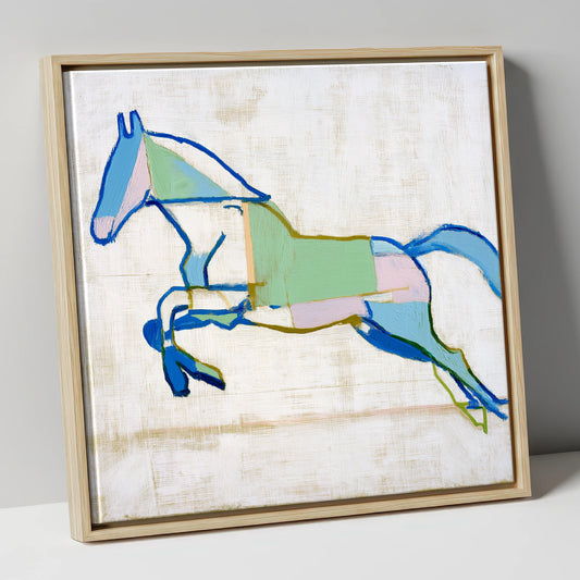 Geometric Azure Leap show jumping horse canvas wall art in natural frame