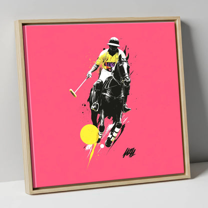 Magenta Chukka polo horse canvas wall art in natural frame