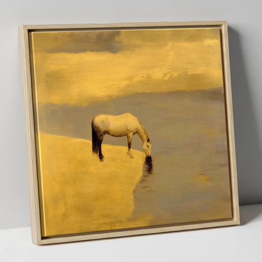 Stillness at the Water's Edge horse landscape canvas wall art in natural frame
