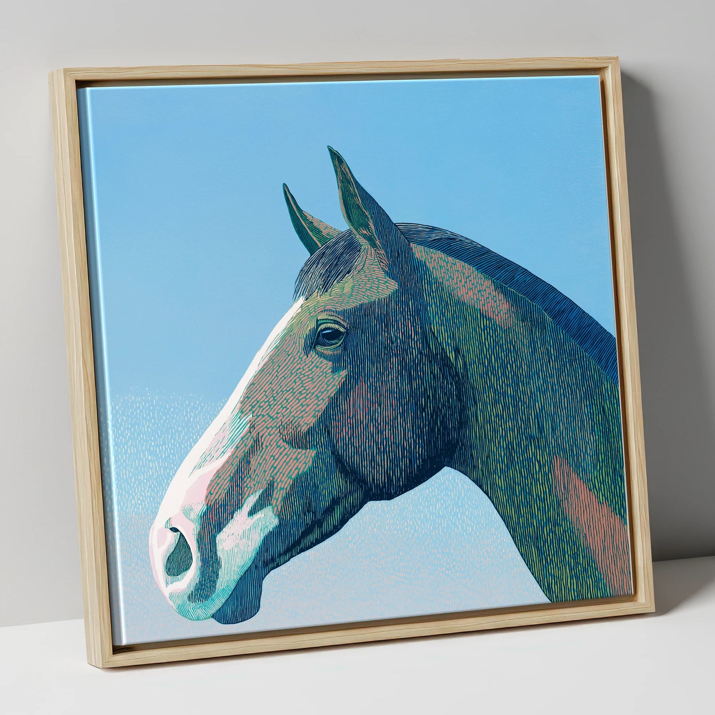 The Azure Profile horse portrait canvas wall art in natural frame