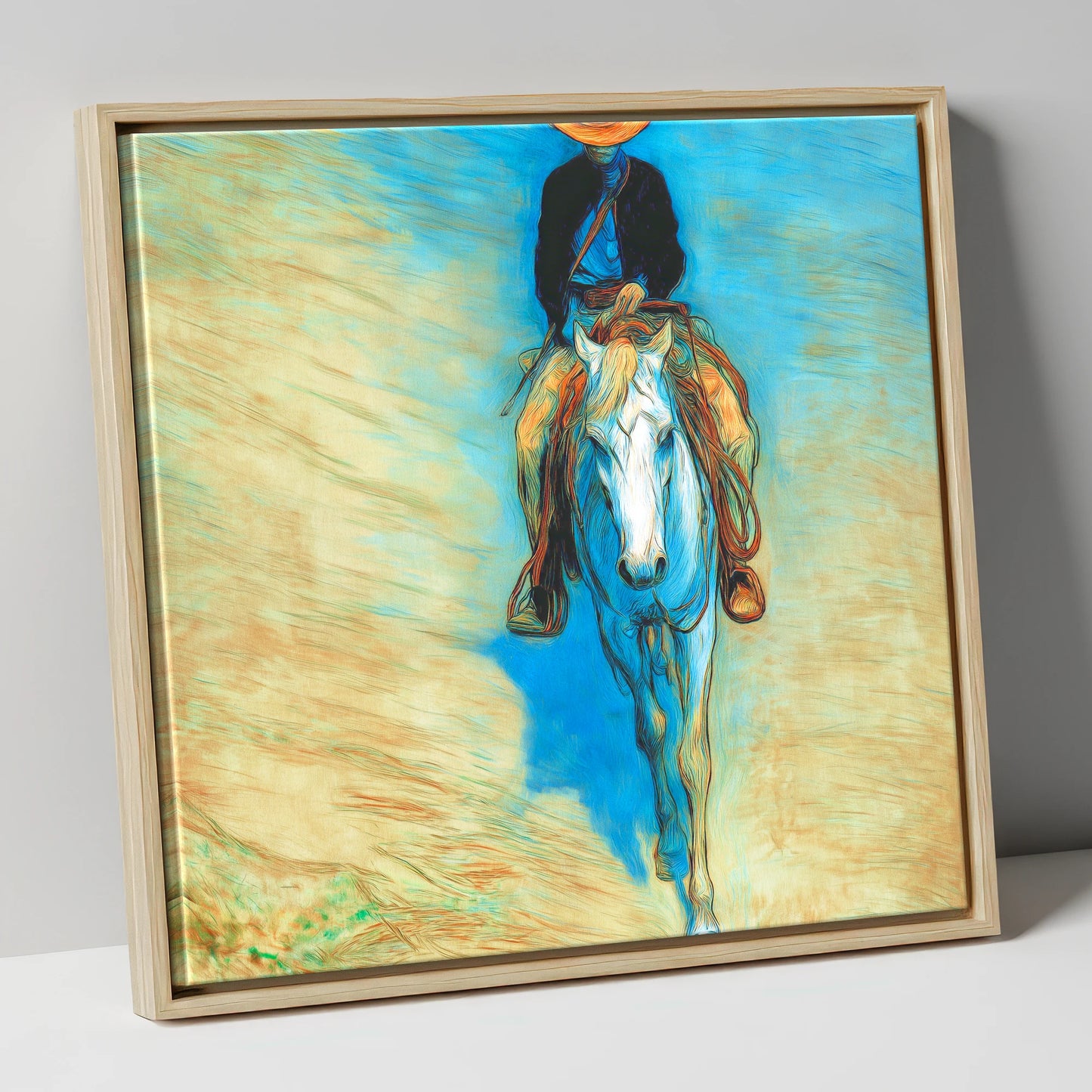 The Blue Trail Rider western horse canvas wall art in natural frame