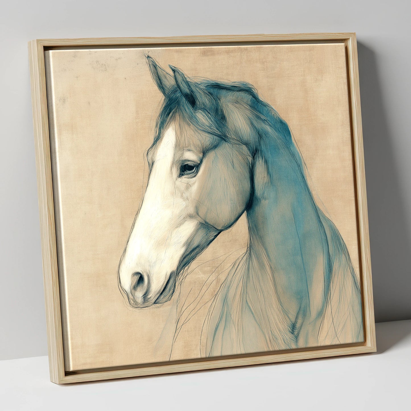 Teal Equine Study horse portrait canvas wall art in natural frame