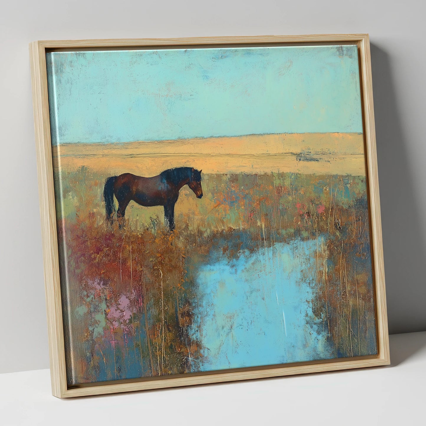 Silent Waters horse landscape canvas wall art in natural frame