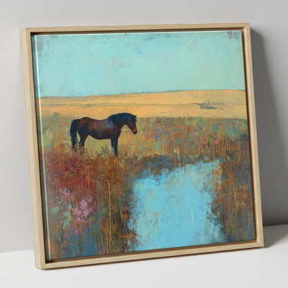 Silent Waters horse landscape canvas wall art in natural frame
