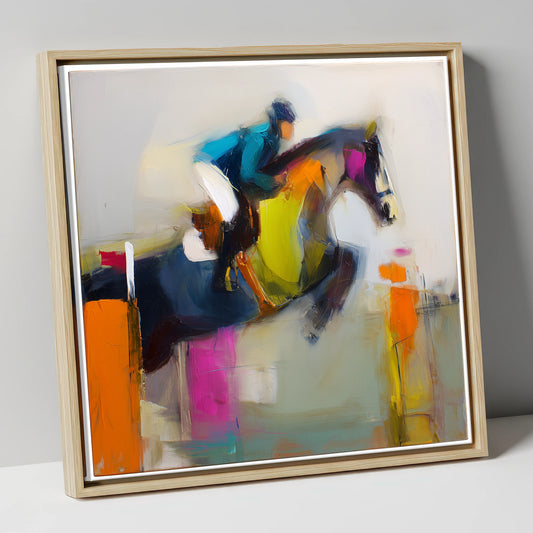 Dynamic Clear Round show jumping horse canvas wall art in natural frame