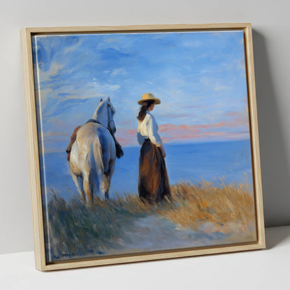 Contemplating the Horizon horse & rider canvas wall art in natural frame