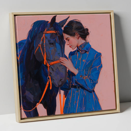 The Indigo Embrace horse & rider canvas wall art in natural frame