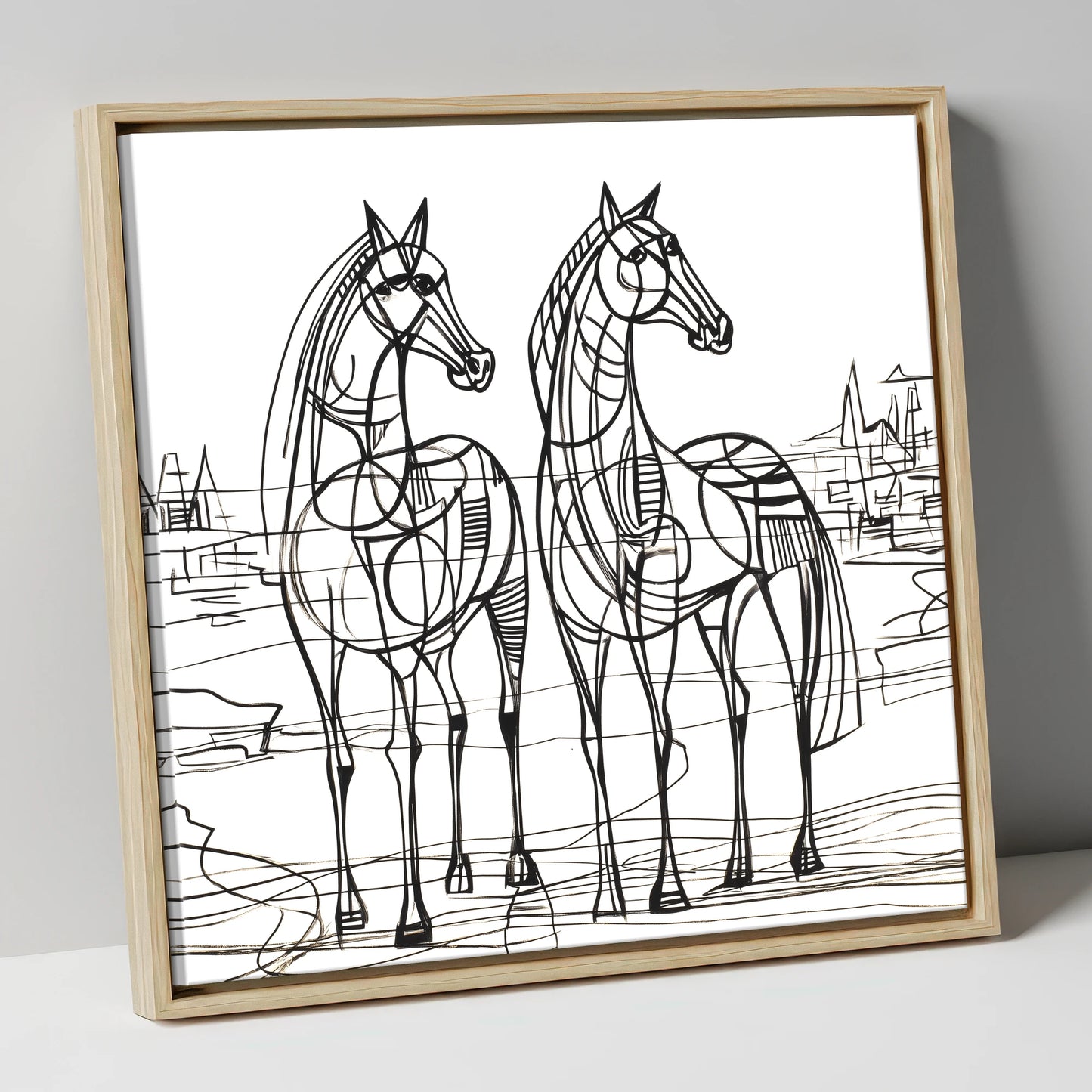 Architectural Equine Duo horse landscape canvas wall art in natural frame