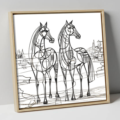 Architectural Equine Duo horse landscape canvas wall art in natural frame