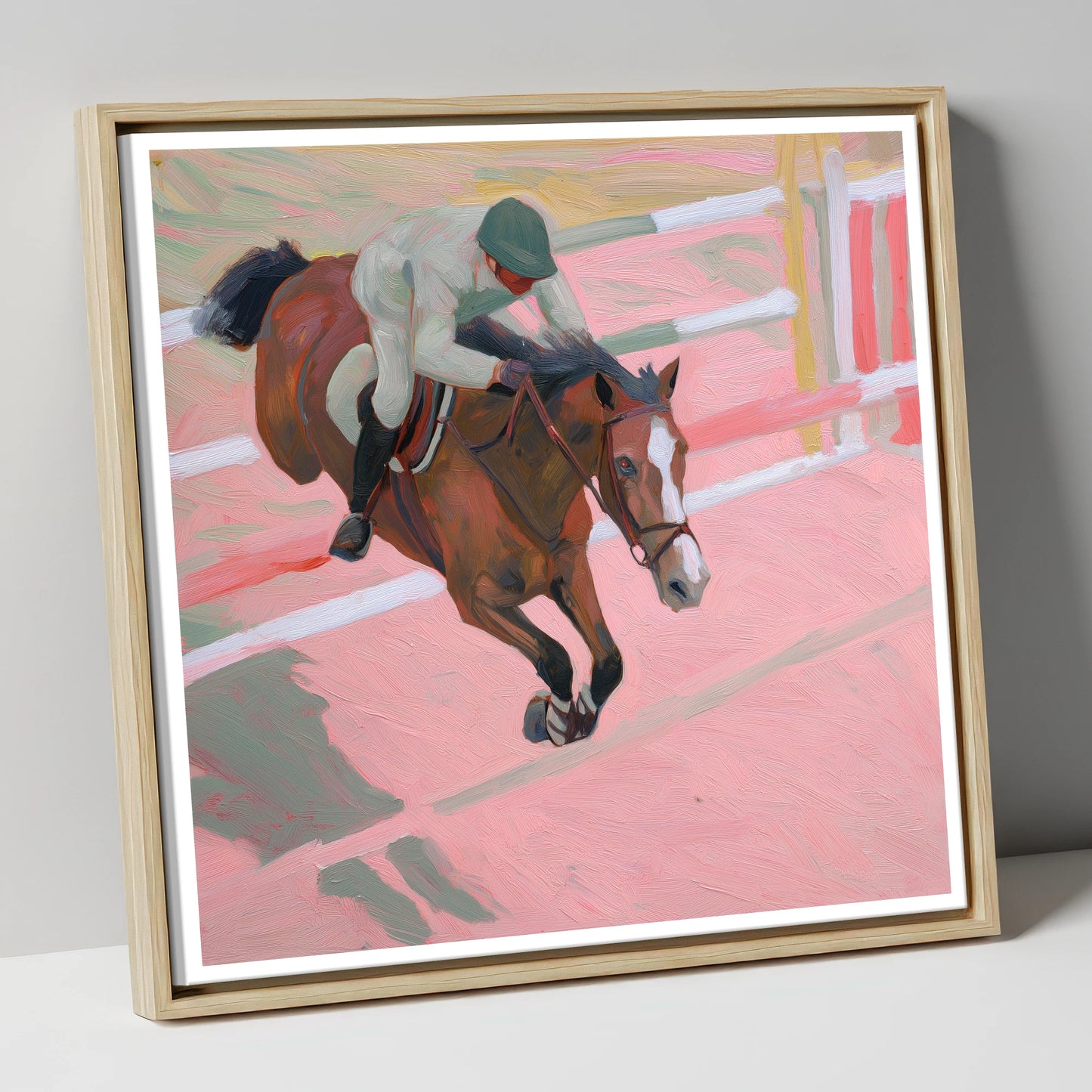 Suspended in Pink show jumping horse canvas wall art in natural frame