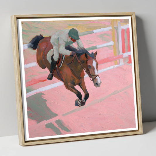 Suspended in Pink show jumping horse canvas wall art in natural frame
