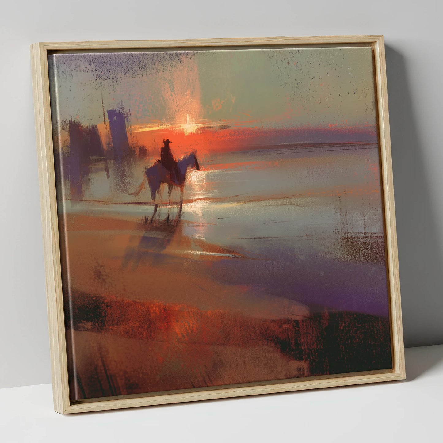 Crimson Horizon Ride horse landscape canvas wall art in natural frame