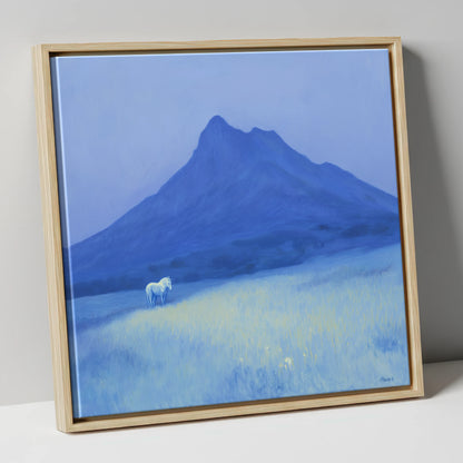 Azure Mountain Solitude horse landscape canvas wall art in natural frame