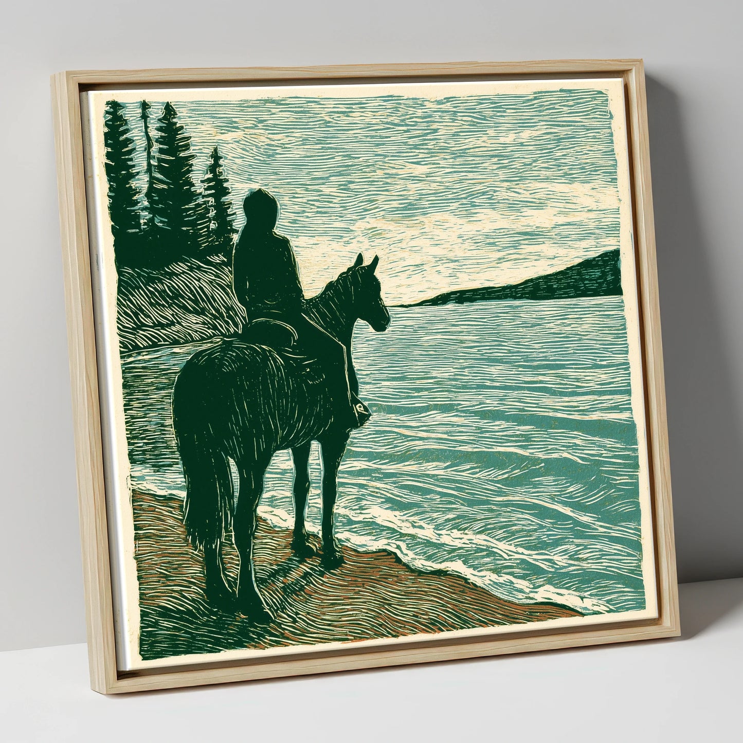 Coastal Solitude beach horse canvas wall art in natural frame