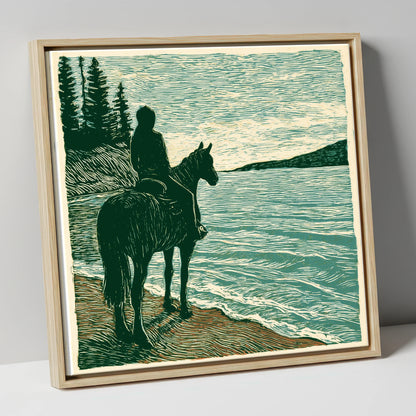 Coastal Solitude beach horse canvas wall art in natural frame