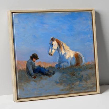Sunlit Companions horse & rider canvas wall art in natural frame