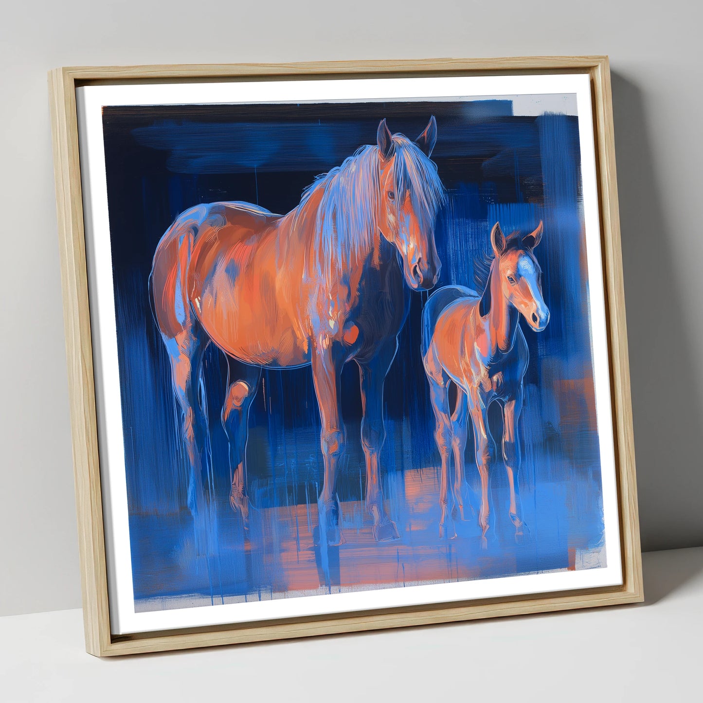 Cobalt and Apricot mare & foal canvas wall art in natural frame