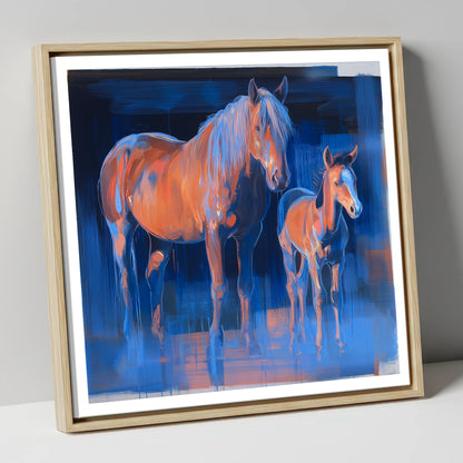 Cobalt and Apricot mare & foal canvas wall art in natural frame