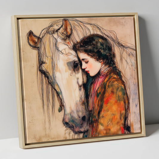 The Silent Language horse & rider canvas wall art in natural frame