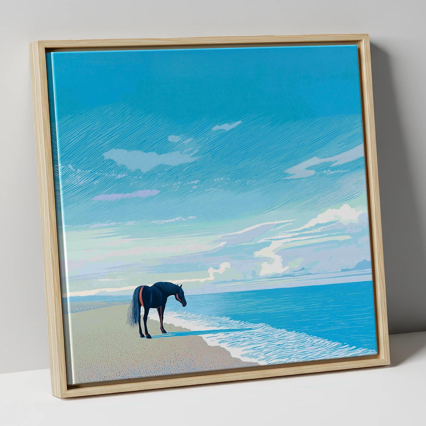 Solitude by the Sea horse landscape canvas wall art in natural frame