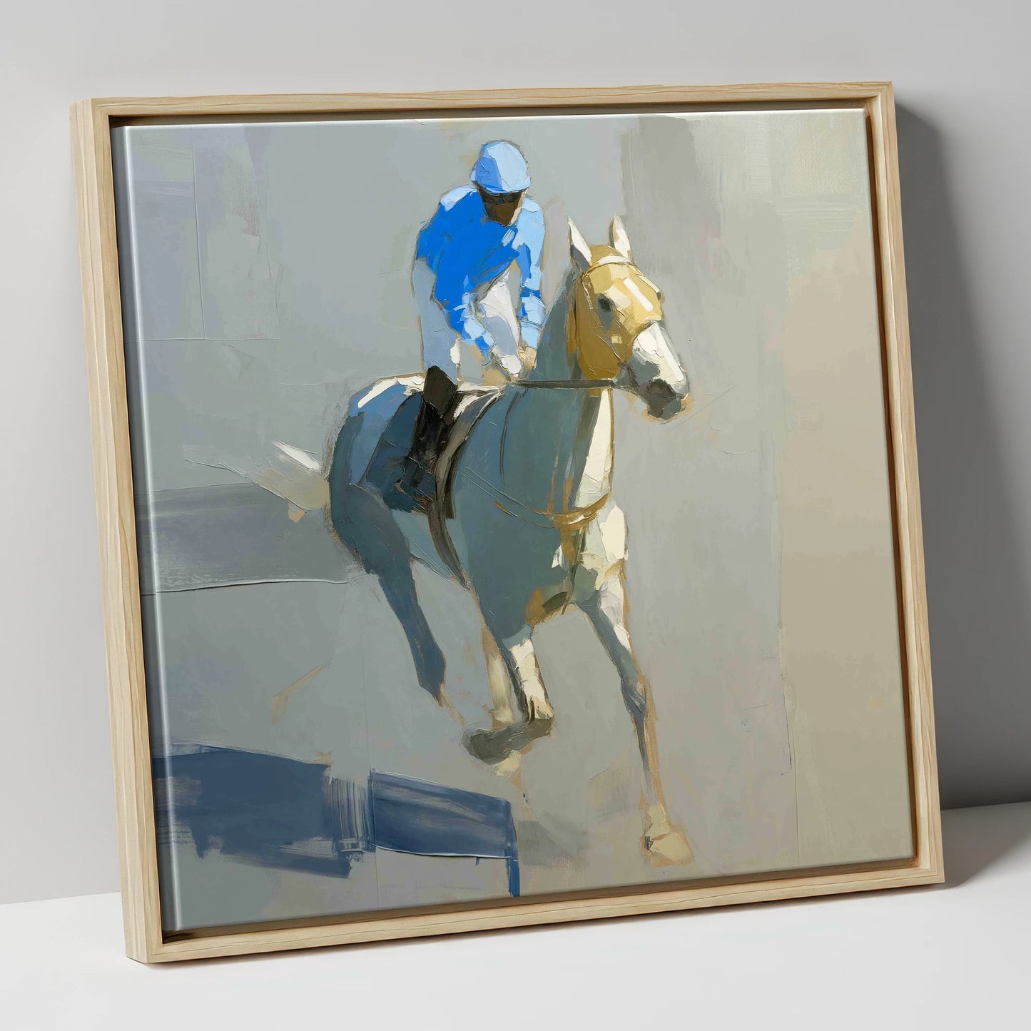 The Blue Silk Focus racing horse canvas wall art in natural frame