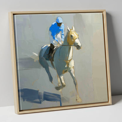 The Blue Silk Focus racing horse canvas wall art in natural frame
