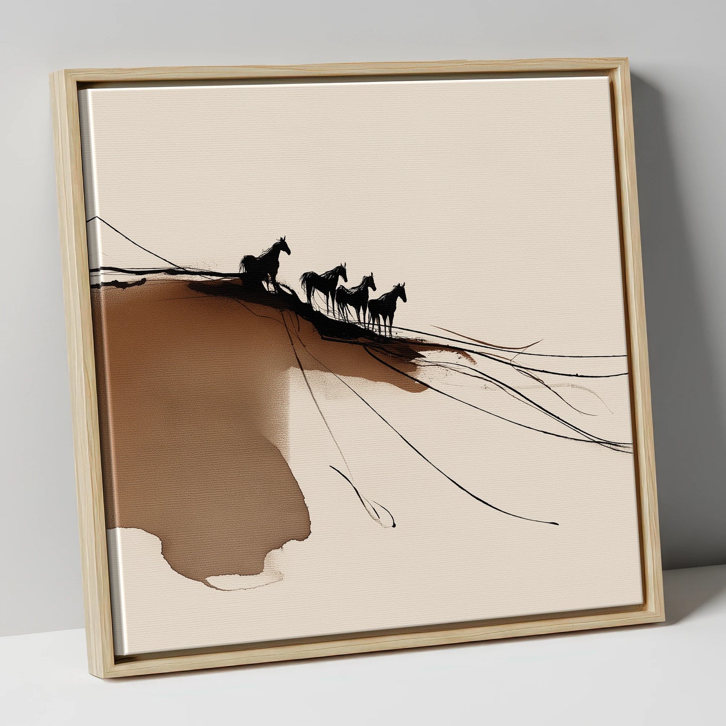 Herd on the Horizon wild horses canvas wall art in natural frame