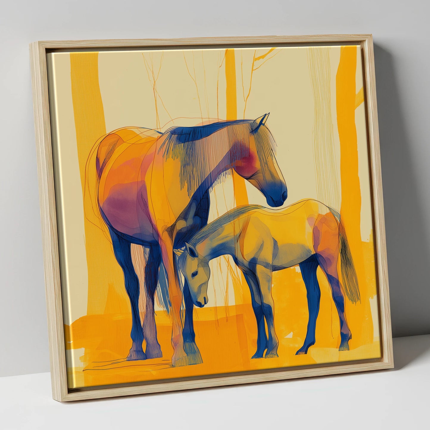Saffron Mare and Foal horse landscape canvas wall art in natural frame