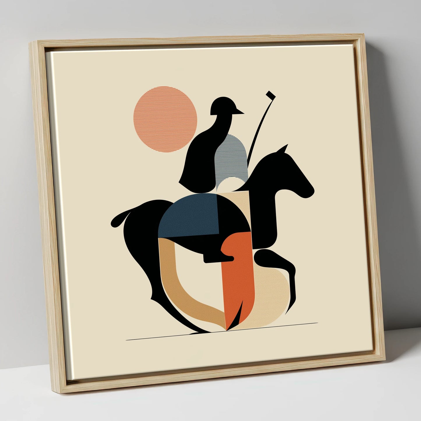 Mid-Century Polo Match polo horse canvas wall art in natural frame