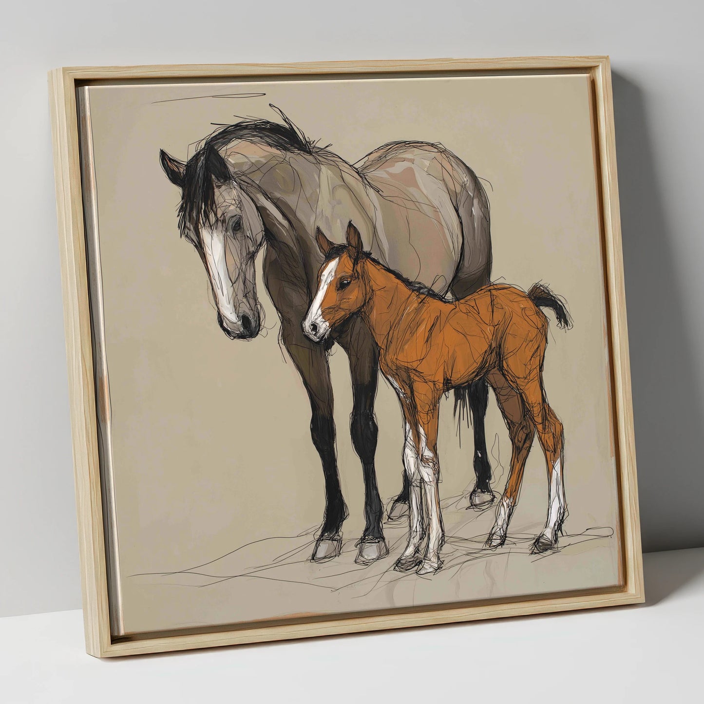 Gentle Guidance mare & foal canvas wall art in natural frame