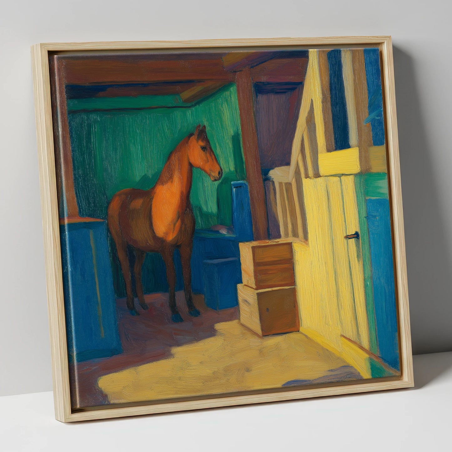 Vibrant Stable Light horse stable canvas wall art in natural frame