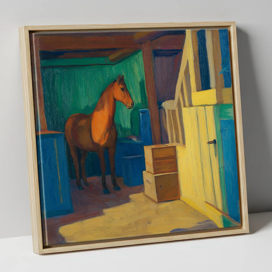 Vibrant Stable Light horse stable canvas wall art in natural frame