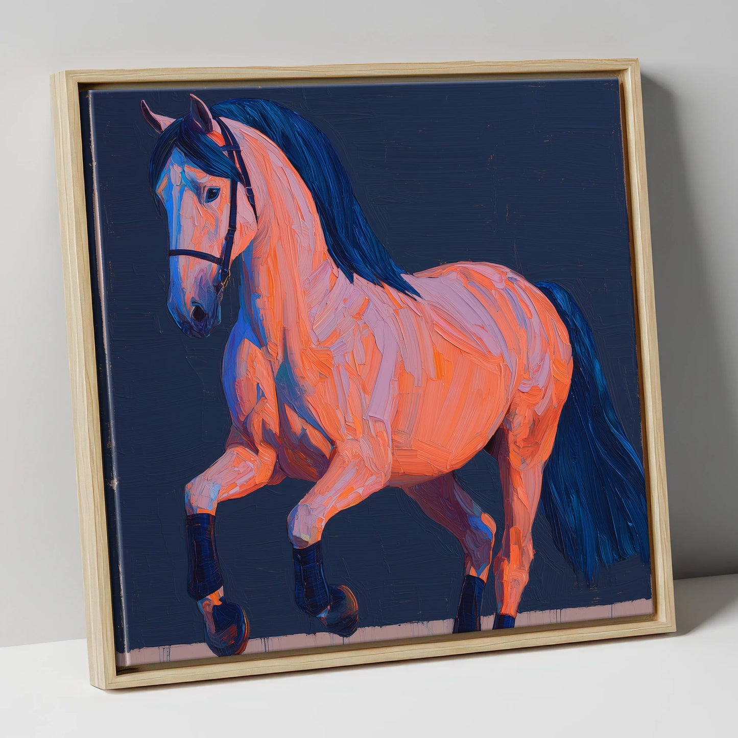 Vibrant Dressage Equine horse breed canvas wall art in natural frame