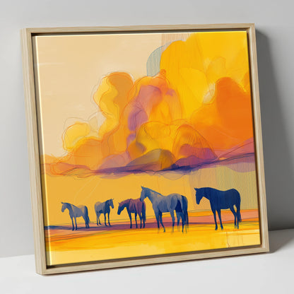 Vibrant Horizon Herd horse landscape canvas wall art in natural frame