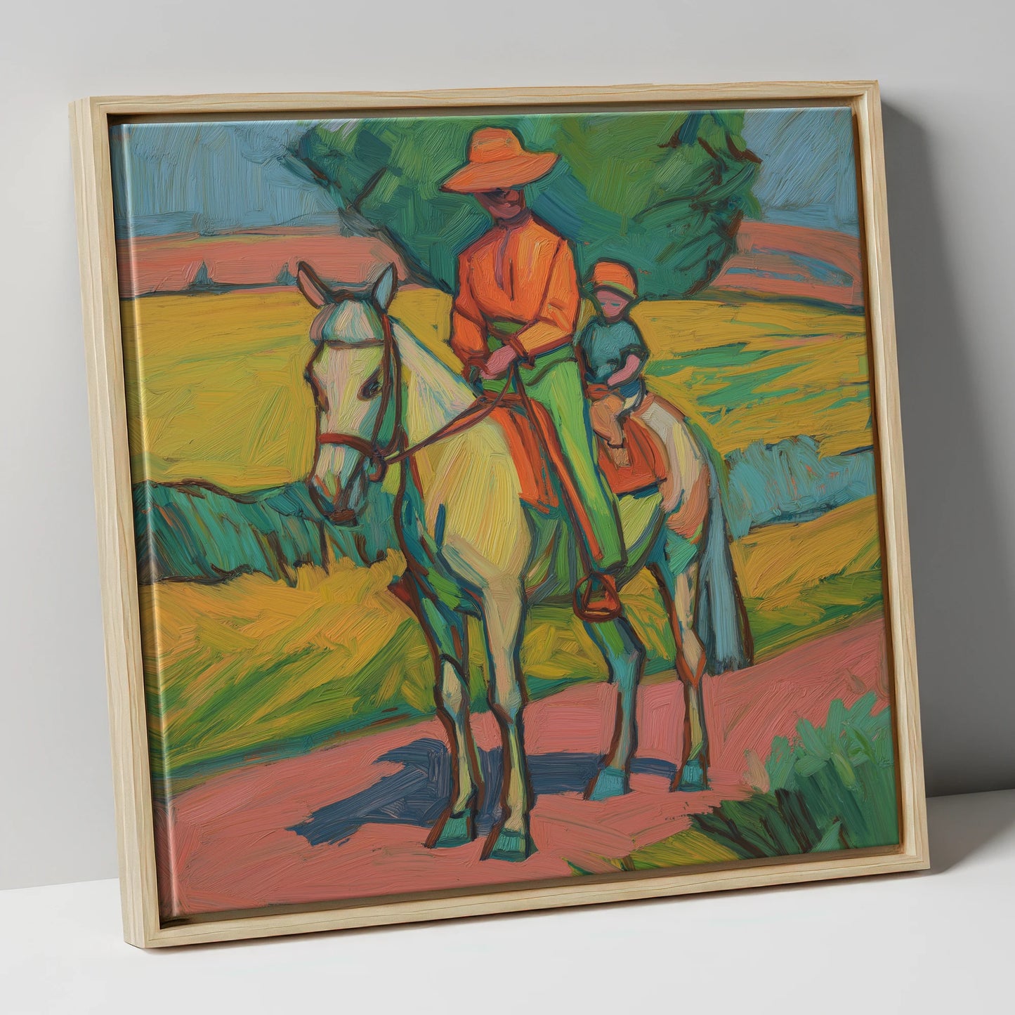 Vivid Summer Companion horse & rider canvas wall art in natural frame
