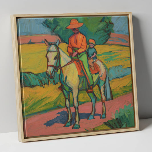 Vivid Summer Companion horse & rider canvas wall art in natural frame