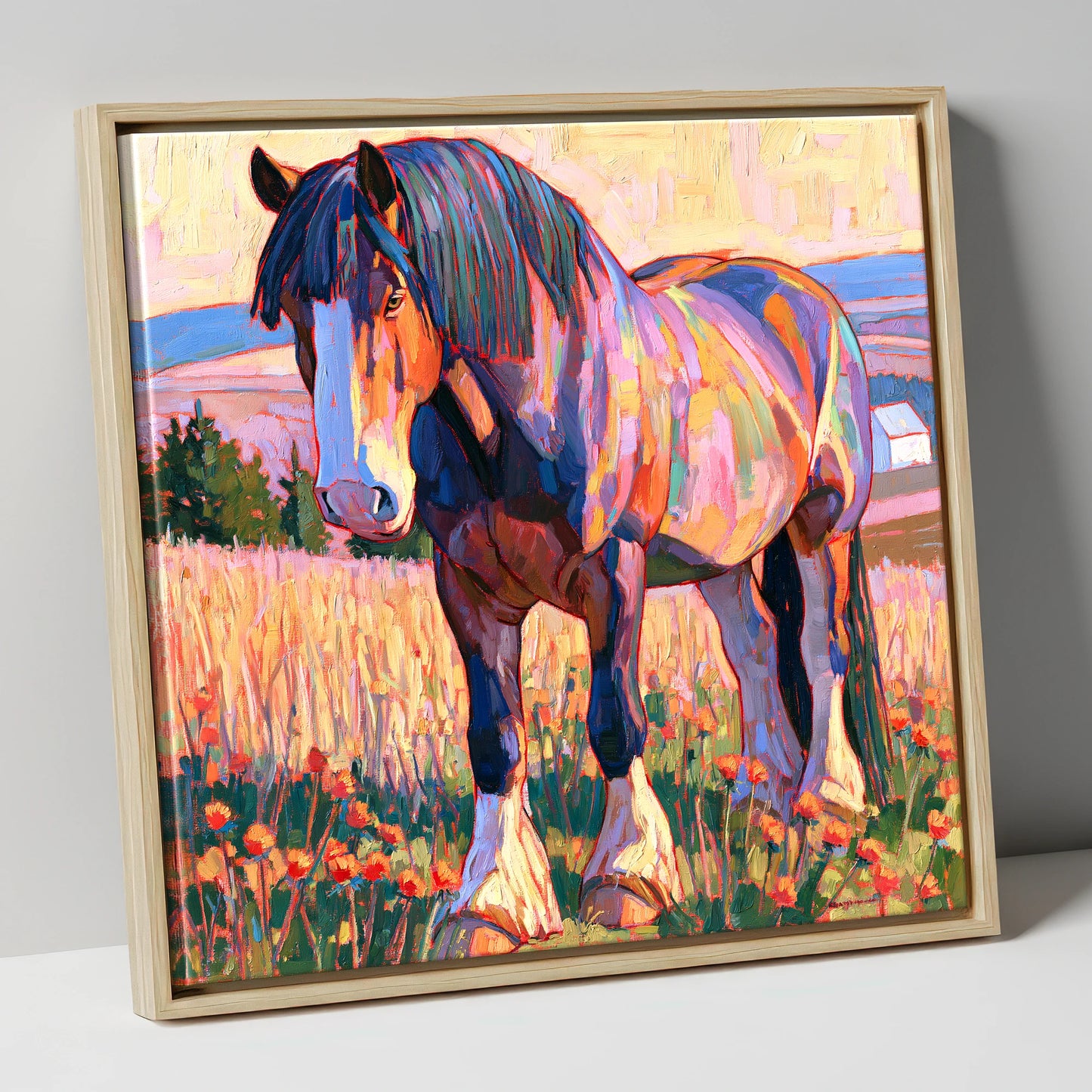 Colourful Heavy Horse in Meadow horse breed canvas wall art in natural frame
