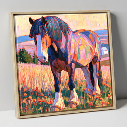 Colourful Heavy Horse in Meadow horse breed canvas wall art in natural frame