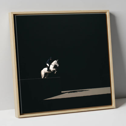 Suspended in Obsidian show jumping horse canvas wall art in natural frame