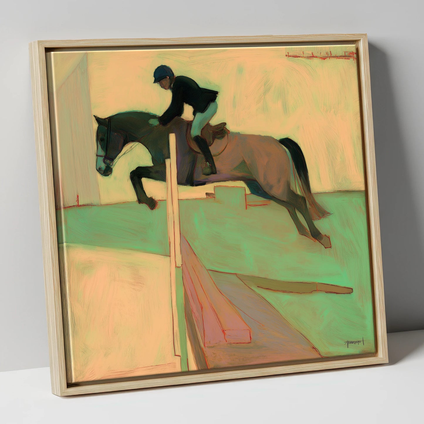 Flight and Form show jumping horse canvas wall art in natural frame