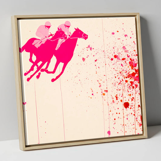 Vibrant Photo Finish racing horse canvas wall art in natural frame