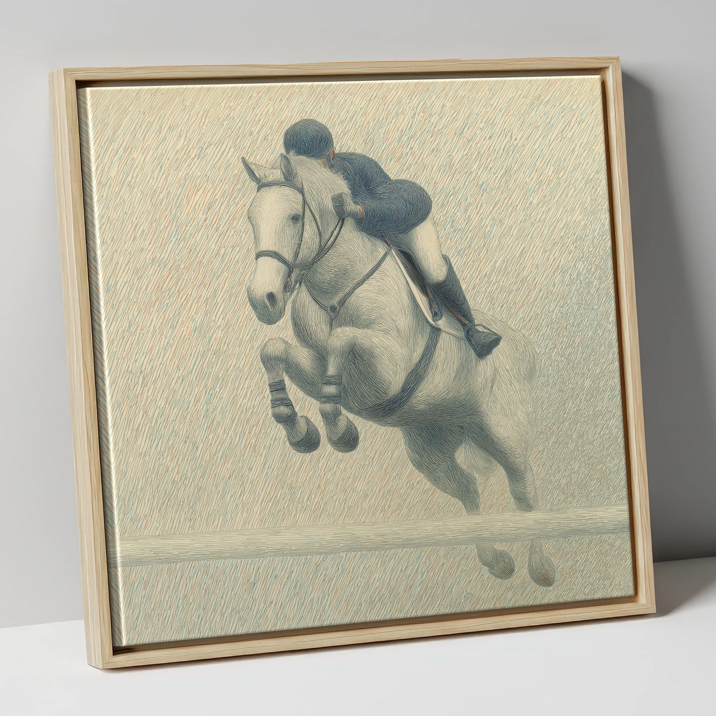 Elegance in Flight show jumping horse canvas wall art in natural frame