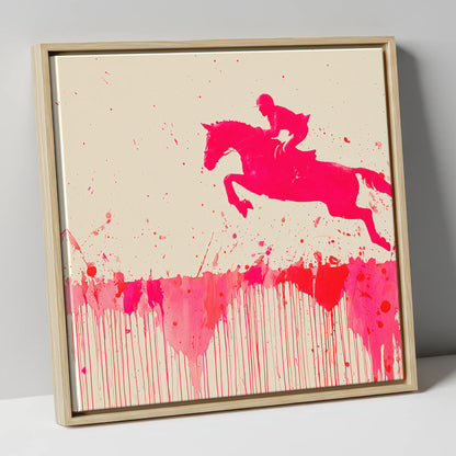 Magenta Flight show jumping horse canvas wall art in natural frame