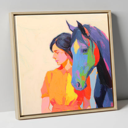 Vivid Companion horse & rider canvas wall art in natural frame