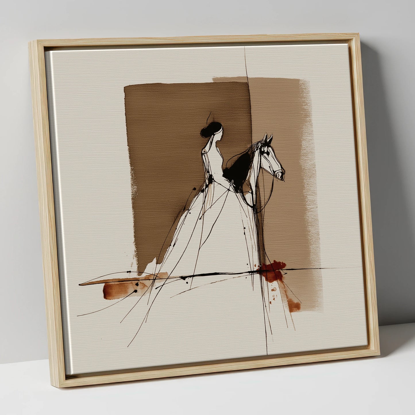Bound in Sepia horse & rider canvas wall art in natural frame